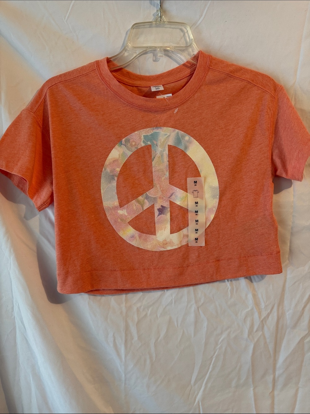 Old Navy Coral Crop Tee with Pastel Tie-Dye Peace Sign